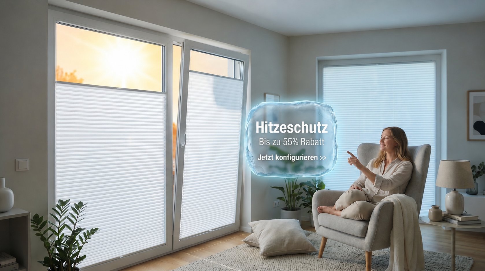 Hitzeschutz-Plissees nach Ma&szlig; &mdash; bis zu 55&nbsp;% Rabatt, k&uuml;hle Wohlf&uuml;hloase trotz Sommerhitze